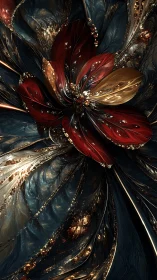 Fractal metallic flower with red and gold layered petals.