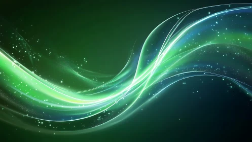 Emerald light streams dance through a starlit digital night.