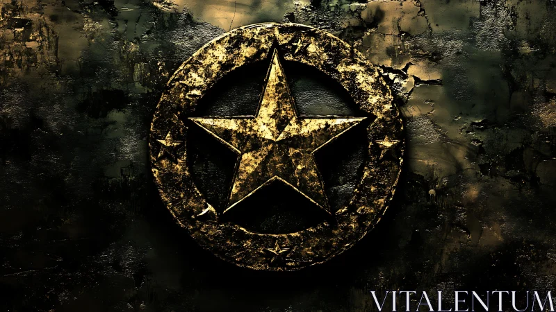Weathered metallic star emblem emerges from corroded surface
