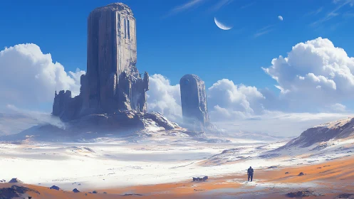 Distant figures cross a frozen desert with monolithic towers