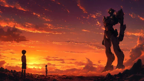 Children confront towering mech under blazing sunset sky