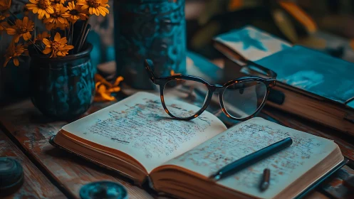 Vintage journal and glasses rest in warm lamplight stillness.