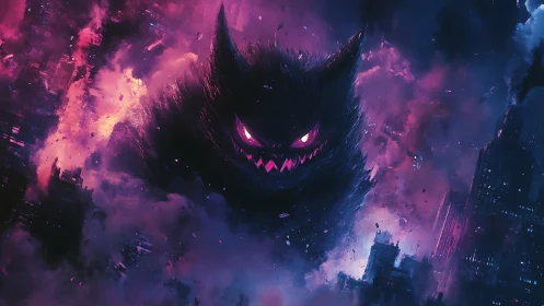 Colossal shadow beast engulfing neon lit crumbling cityscape.