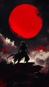 Digital painting of lone swordsman under colossal blood moon.
