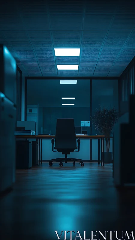 Minimalist Night Office Interior with Blue Neon Lighting.