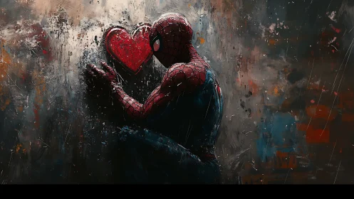 Spider-Man Holding Red Heart Against Weathered Textured Wall