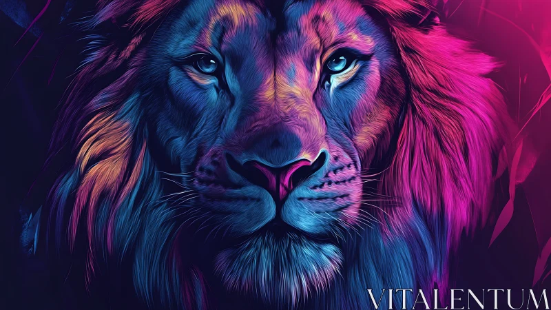 Neon chromatic lion portrait with vibrant dual lighting.
