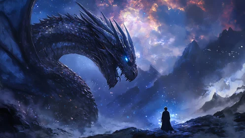 Starlit dragon confronting lone cloaked figure at dusk.