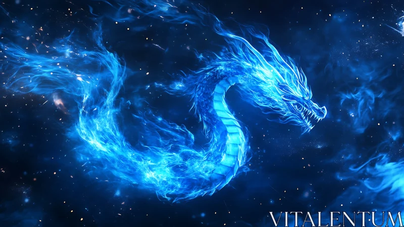 Stellar ghost dragon coils in electric sapphire nebula glow.
