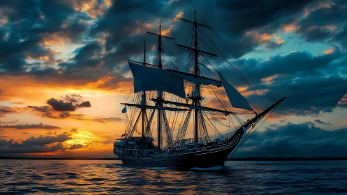 Sunset-cloaked tall ship chasing the last ember of day.