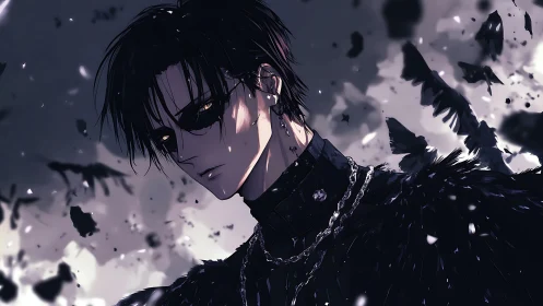 Brooding raven‑clad figure stands amid swirling dark feathers