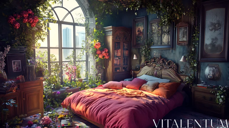 Sunlit floral bedroom blends baroque decor with urban view
