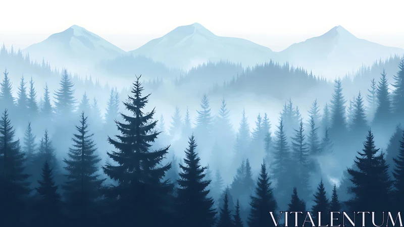 Misty Mountain Forest Landscape with Layered Pine Trees