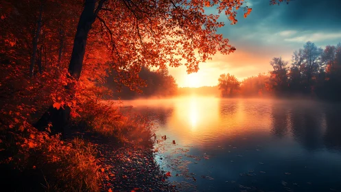 Sunrise ignites a tranquil autumn lake in glowing mist