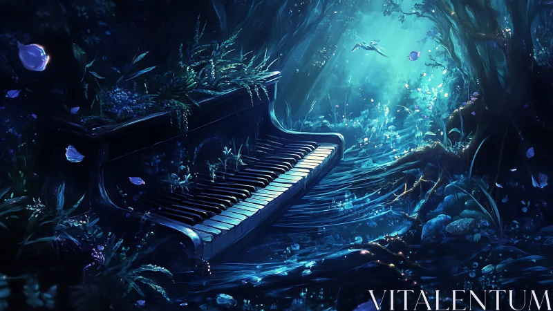 Moonlit forest piano whispers glowing notes into water