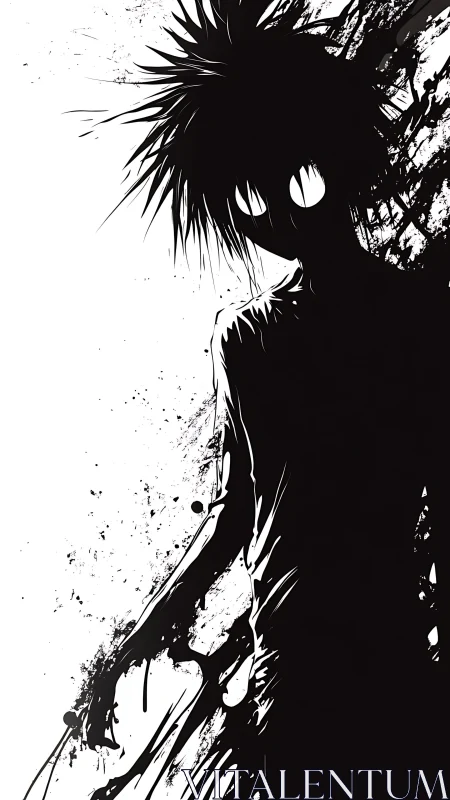 Shadowy ink figure steps from darkness with bold energy