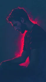 Neon-lit male silhouette bends in quiet, introspective profile.