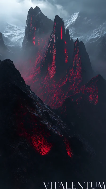 Jagged volcanic peaks burn crimson through the icy mist