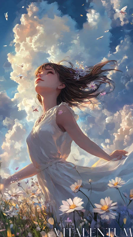 Wind-kissed dreamer drifts upward through a painted sky