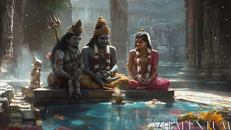 Deities in stone temple courtyard framed by reflective ritual pool