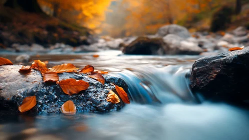 Golden leaves resting by a softly flowing autumn stream.