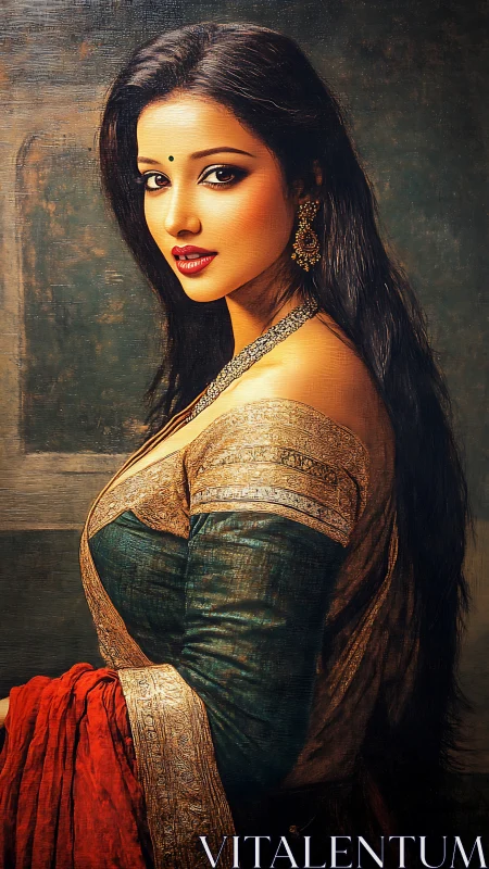 Textured portrait of woman in sari with luminous chiaroscuro.