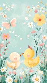 Two stylized ducklings stand amid floral meadow elements