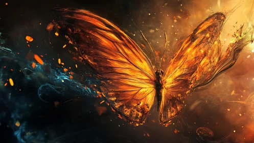 Fiery monarch butterfly shatters through swirling embers.