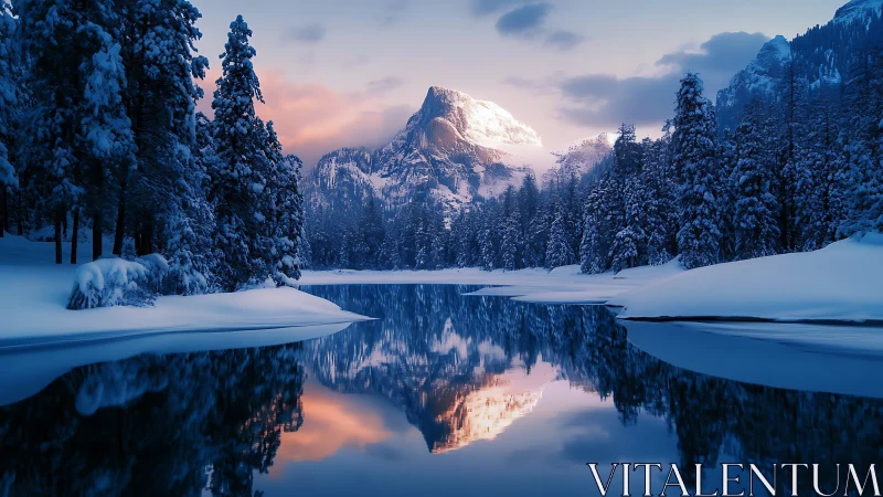 Snow-draped pines mirror a blushing alpine crown at dusk.