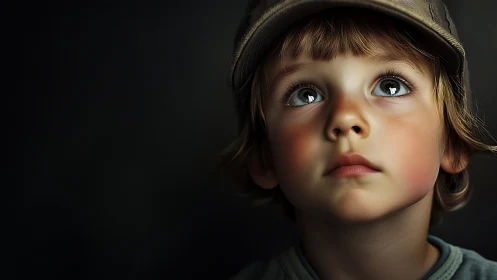 Contemplative child in cap gazes upward against dark backdrop.