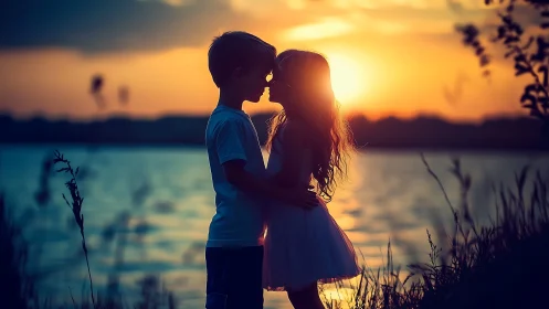 Two figures embrace at sunset over water, backlit composition.