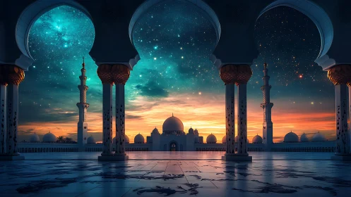 Digital painting of celestial mosque courtyard under stars.