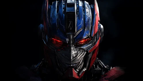 Steel-eyed war machine stares through molten crimson shadows.