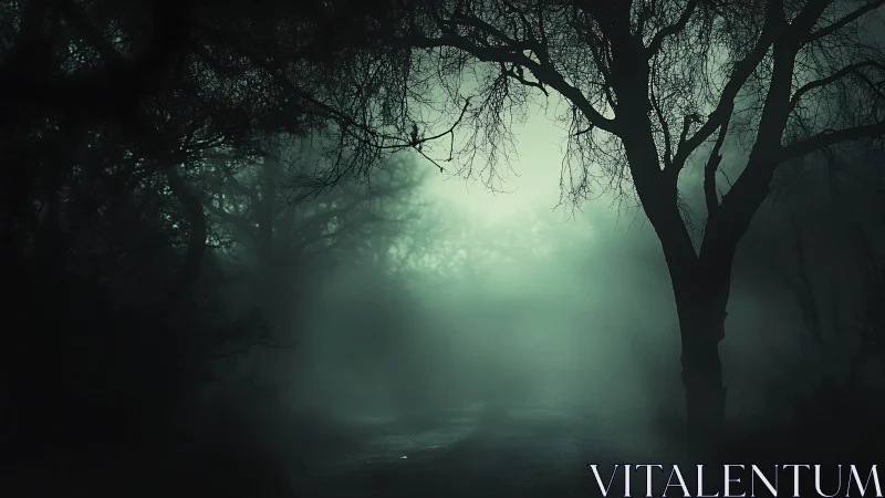 Foggy woodland path with silhouetted winter trees at dusk.
