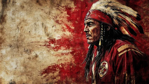Stoic native leader in red warbonnet against textured field.