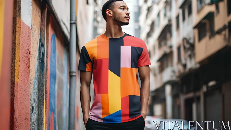 Colorblock Geometric T-Shirt Portrait in Urban Alley.
