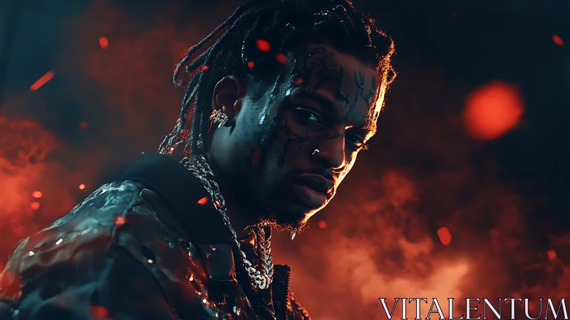 Moody portrait of tattooed man in ember-lit smoke glow.