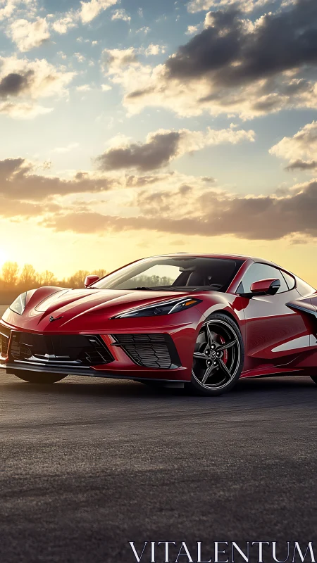 Red mid‑engine sports coupe under warm sunset sky on track