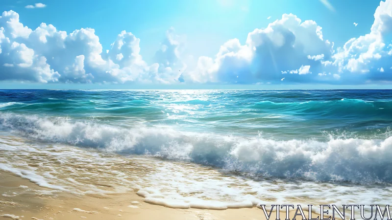 Sunlit ocean waves roll gently onto a calm sandy shore