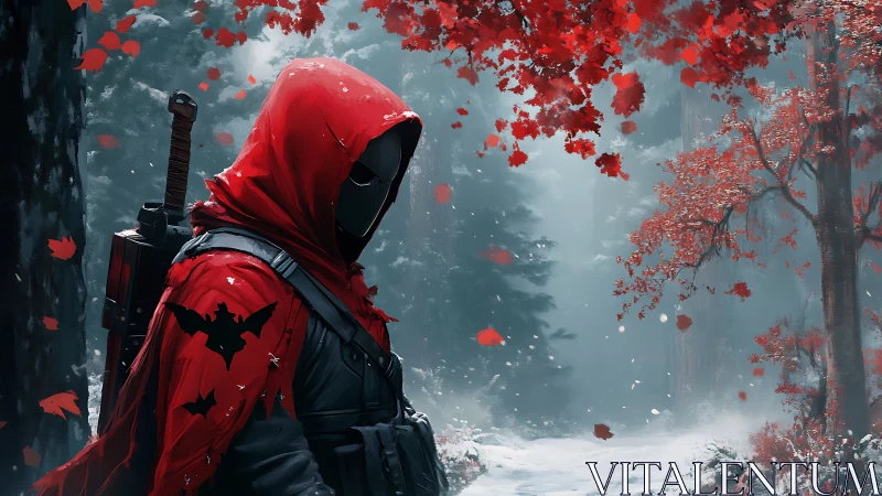Hooded masked figure in red cloak within misty forest scene.