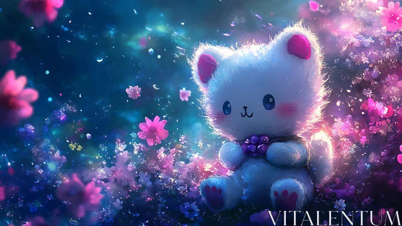 Plush white cat rendered in luminous floral fantasy field.