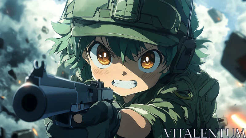 Fierce cadet with blazing eyes charging through chaos.