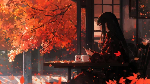 Solitary girl drinks tea beside glowing autumn window