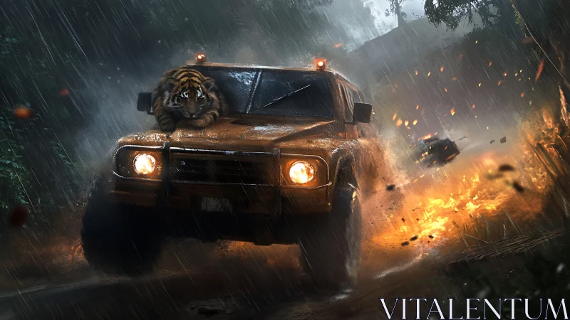 Tiger lies on speeding off-road truck in heavy jungle rain