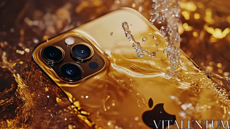Luxury smartphone submerged in golden liquid, water splash