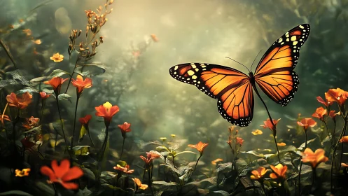 Monarch butterfly over orange wildflowers in soft light.