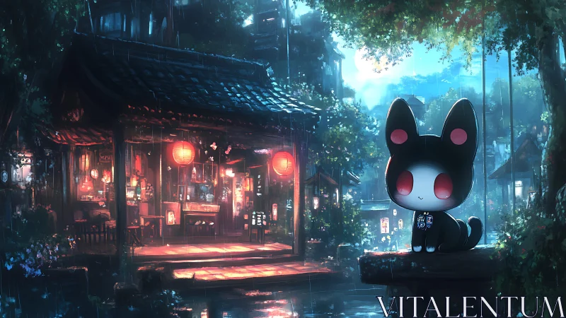 Chibi black cat idol rendered in luminous rainy street scene