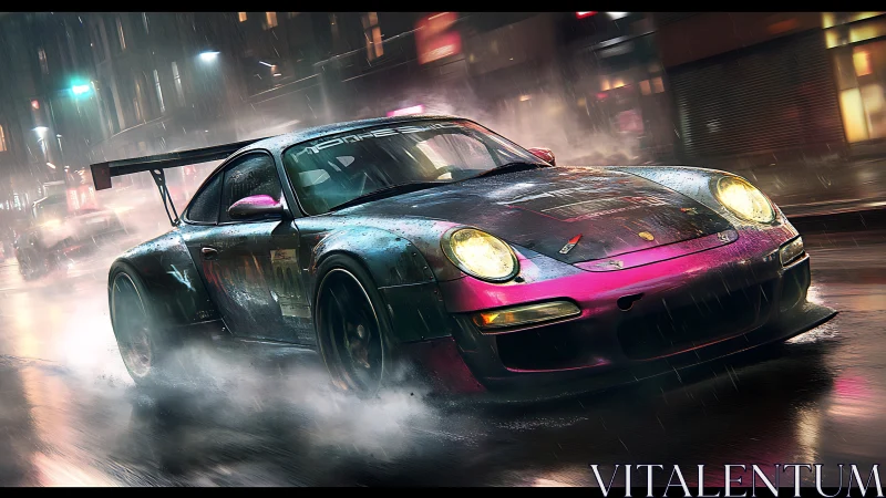 Neon street racer cuts through rain‑slicked city at speed.