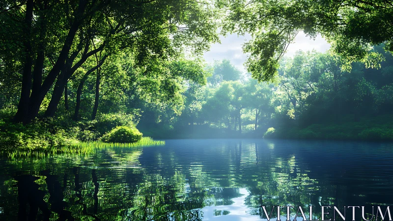 Forest lake panorama with backlit foliage and mirror reflections.