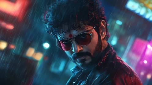 Neon rain crowns the silent vigil of a crimson-marked rebel